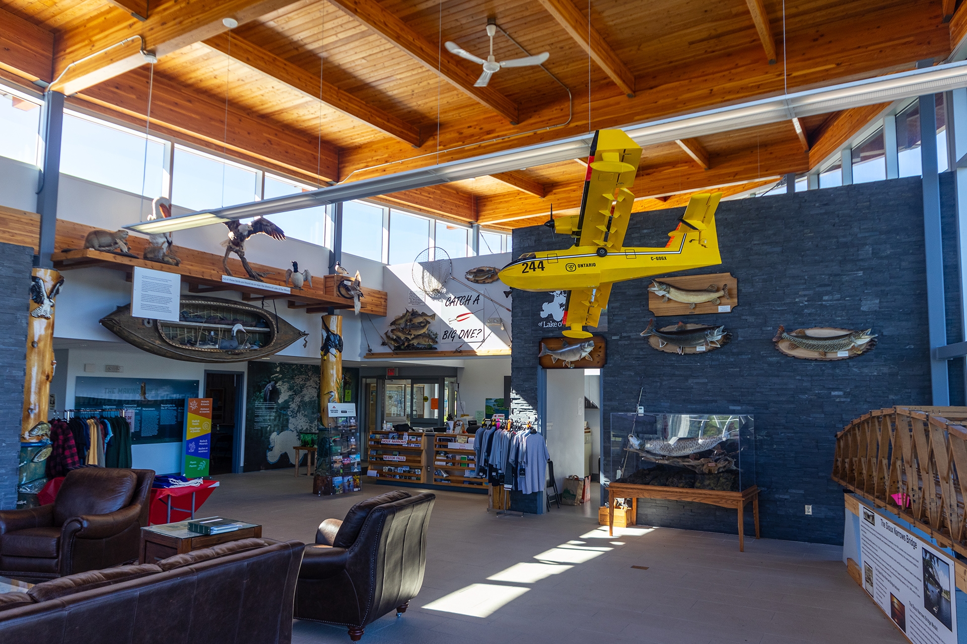 A large open room that displays a variety of objects related to fishing in Northern Ontario.