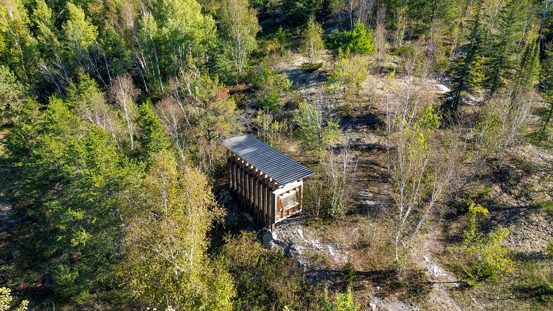 A small wooden structure sits on rocks surrounded by boreal forest